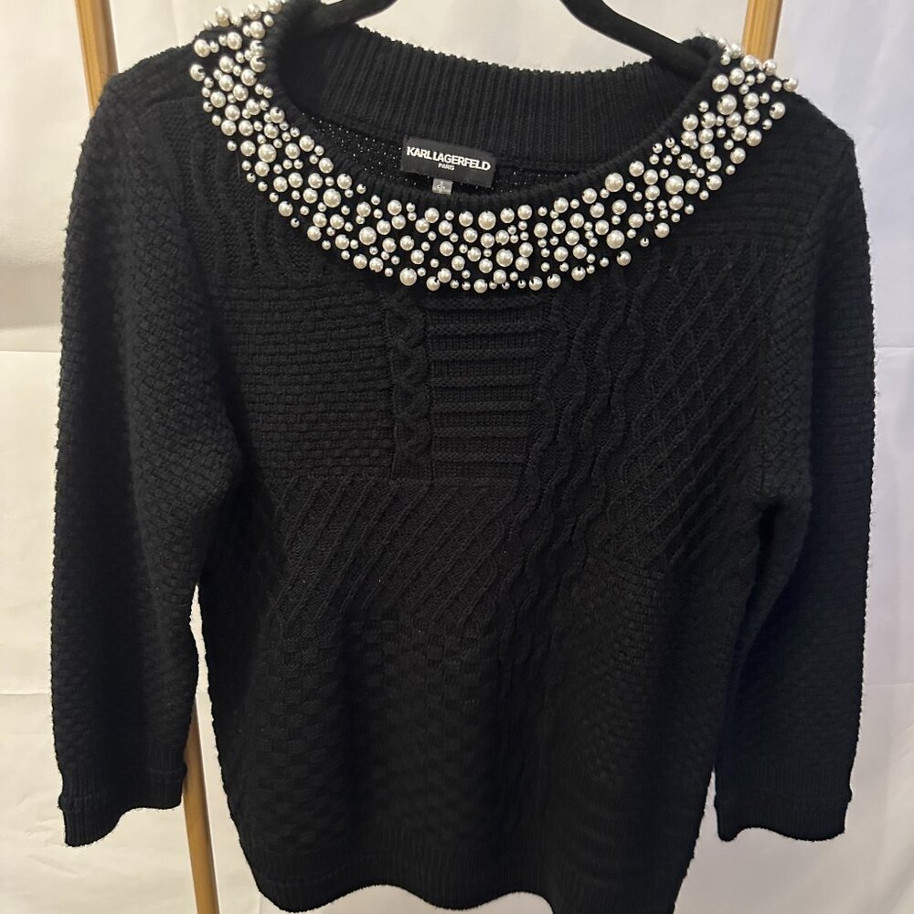 Karl Lagerfeld Paris Black Knit Sweater with Pearl Embellished Collar - Size S